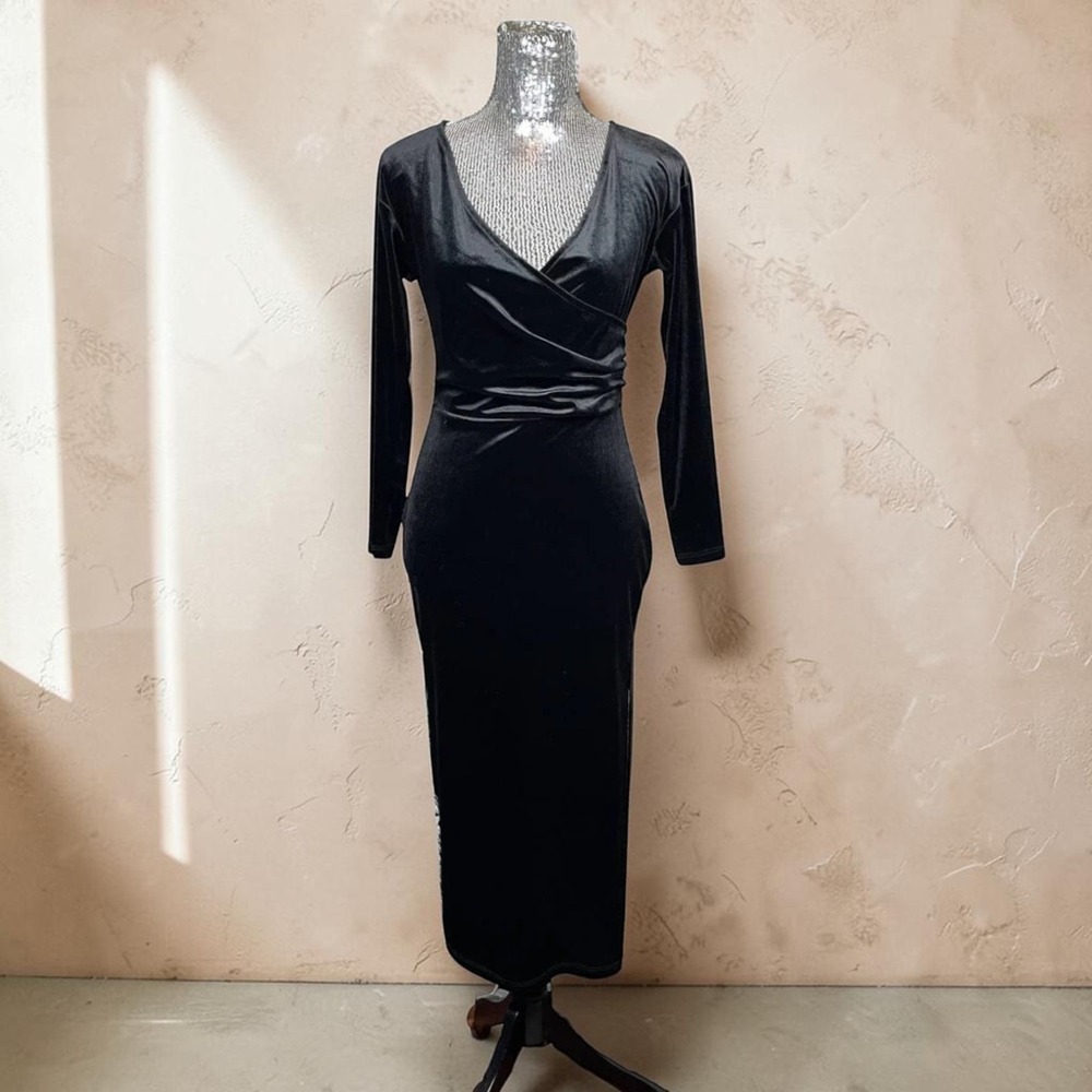 Glam Velvet Wrap Bodycon‎ Midi Dress Medium Long Sleeve Cocktail Evening Party